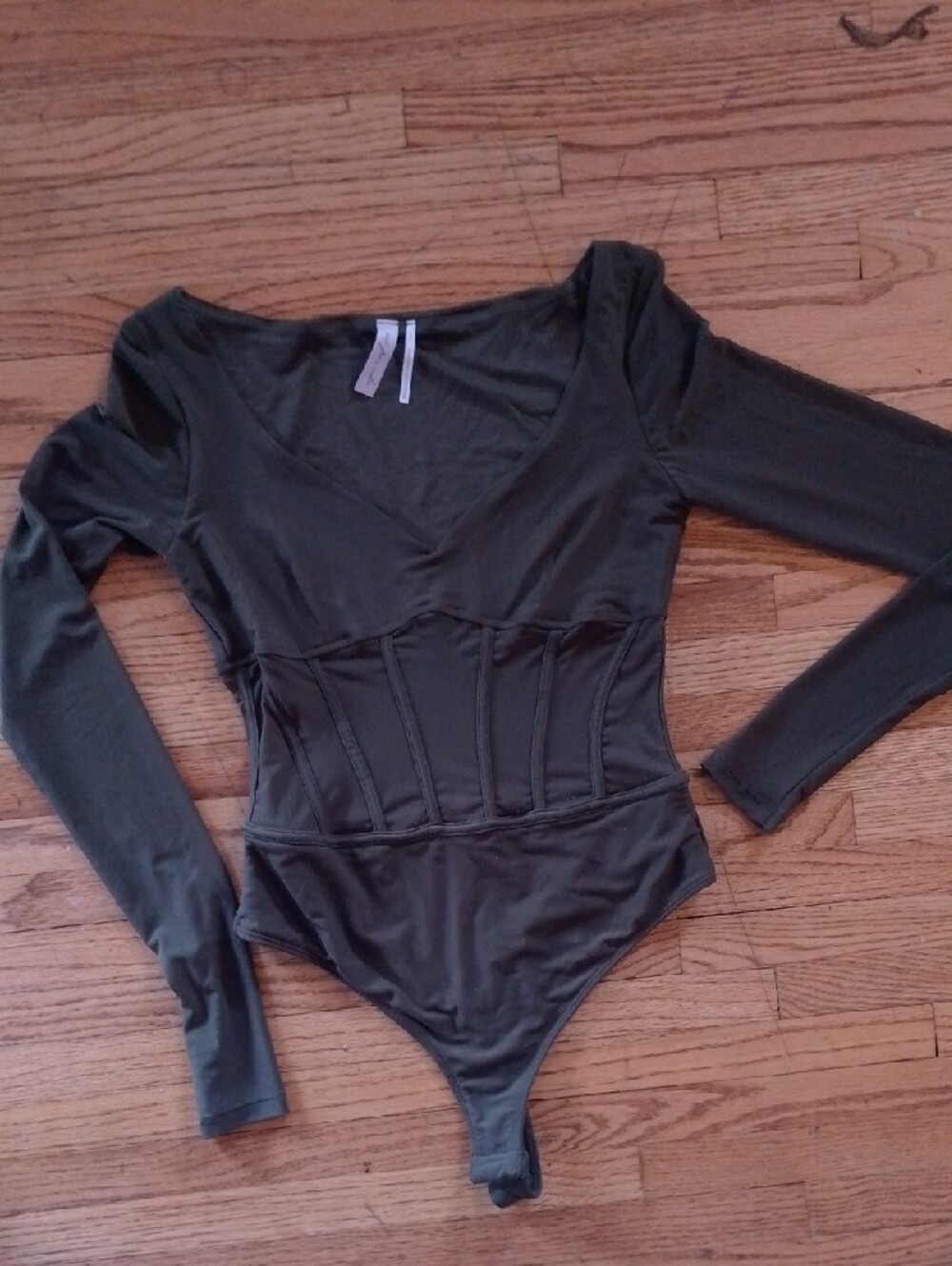 Out From Under Long Sleeve Olive Green Ribbed Corset Bodysuit - Picture 5 of 6